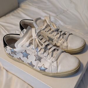 Saint Laurent White Court Sneakers with Silver Stars